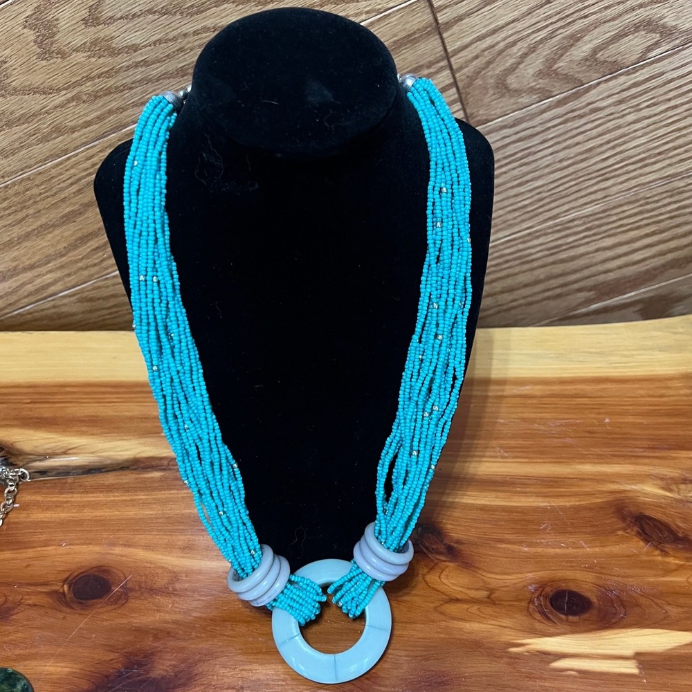 Vtg Multi-Strand Turquoise Tone Seed Bead Necklace Chunky Circle Pendant 80s 90s